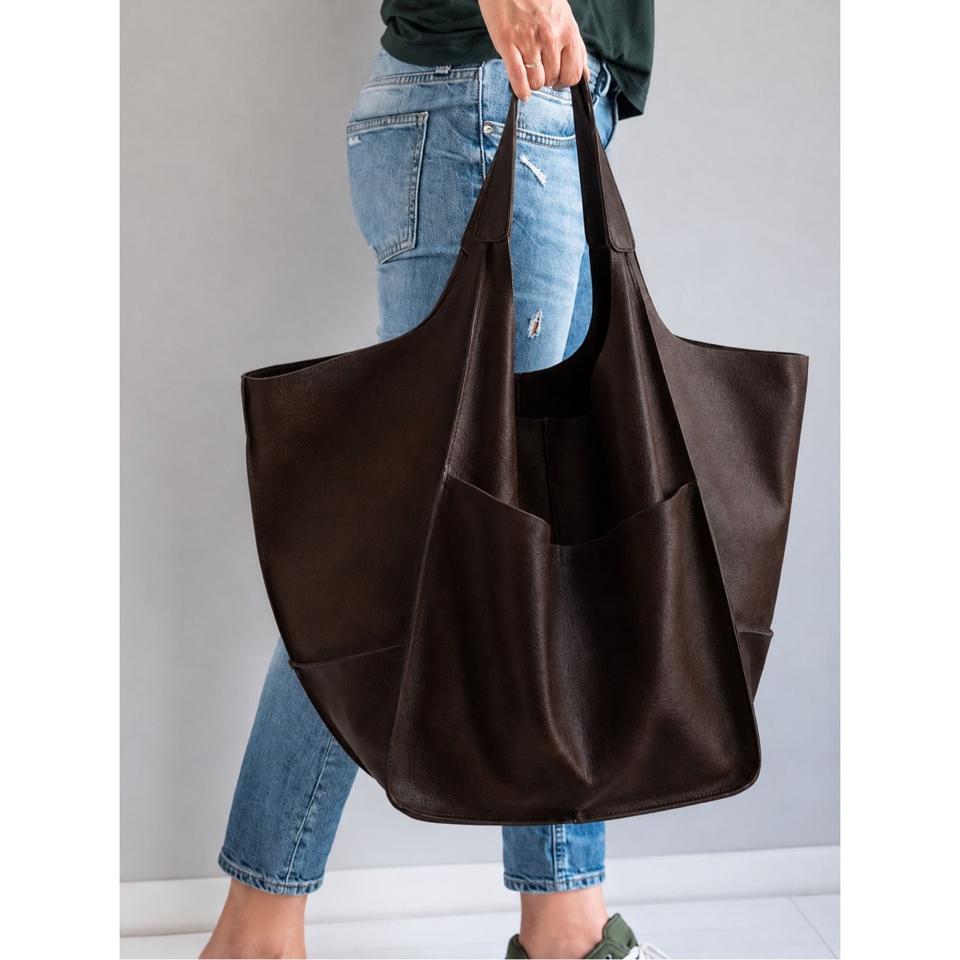 Luxury Boutique Vegan Leather Minimalist Oversized Chocolate Brown Tote Bag